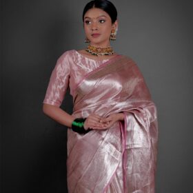 "Close up view of a model showcasing Blush Pink Brocade Tissue Silk Saree , Suited for stylish events. By Mirra Clothing