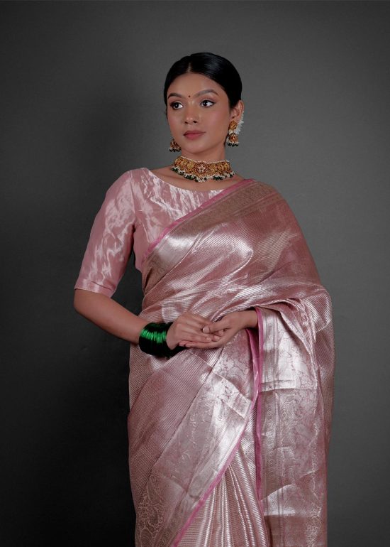 "Close up view of a model showcasing Blush Pink Brocade Tissue Silk Saree , Suited for stylish events. By Mirra Clothing