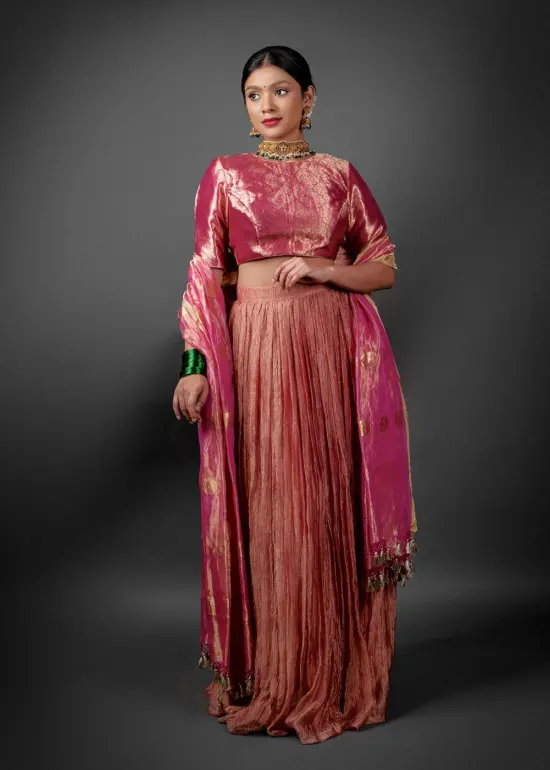 Pink Crushed Tissue Lehenga Set with Tissue Silk Dupatta by Mirra Clothing