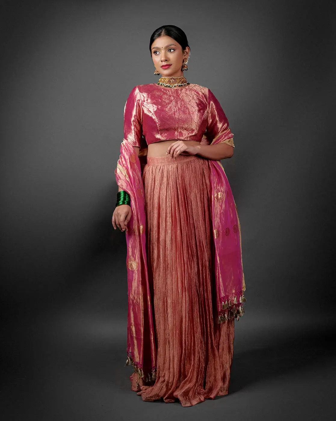 Pink Crushed Tissue Lehenga Set with Tissue Silk Dupatta by Mirra Clothing