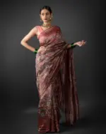 Maroon Printed Tissue Silk Saree - Image 5