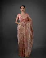 Peach Printed Crushed Tissue Silk Saree - Image 3