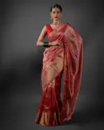 Red  Tissue Silk Saree with Gold Zari Border - Image 2