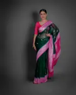 Bottle Green Chiffon Silk Saree with Kadwa Zari Buttis - Image 2