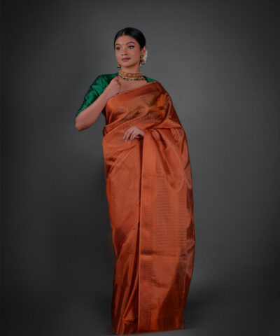 Full view of a model showcasing Copper Tissue Silk Saree with Self Design Border, Suitable for Appropriate gatherings By Mirra Clothing