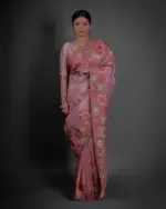 Full view of a model showcasing Pink Tissue Silk Saree with Cutwork Embroidery, Great for special occasions By Mirra Clothing
