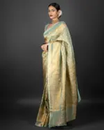 Pista Green Crushed Tissue Silk Saree with Gold Zari Weaves - Image 3