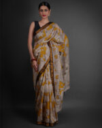 Full view of a model showcasing Yellow Kalamkari Printed Mangalagiri Silk Saree, suitable for festive wear By Mirra Clothing