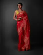 Peachy Red Banarasi Silk Saree Highlighted with Embroidery - Image 2