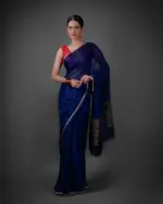 Full view of a model showcasing Navy Blue Chiffon Silk Saree , Designed for comfort By Mirra Clothing