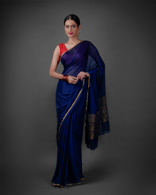 Full view of a model showcasing Navy Blue Chiffon Silk Saree , Designed for comfort By Mirra Clothing