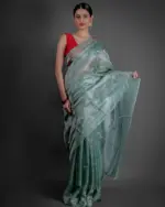 Turquoise Tissue Silk Saree with Silver Zari