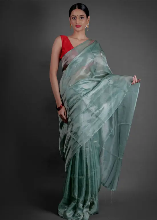 Turquoise Tissue Silk Saree with Silver Zari