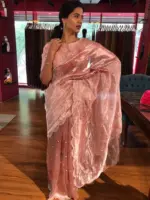 Pink Handpainted Tissue Silk Saree with Beautiful Peacock Embroidered - Image 3