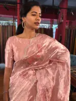 Pink Handpainted Tissue Silk Saree with Beautiful Peacock Embroidered