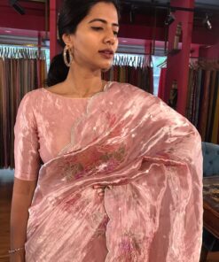 Pink Handpainted Tissue Silk Saree with Beautiful Peacock Embroidered