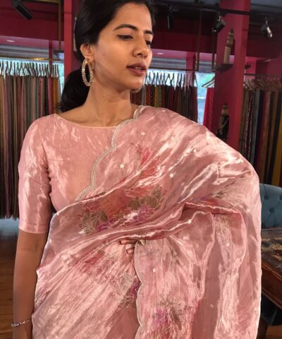 Pink Handpainted Tissue Silk Saree with Beautiful Peacock Embroidered