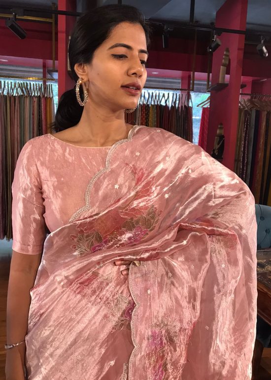 Pink Handpainted Tissue Silk Saree with Beautiful Peacock Embroidered