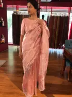 Pink Handpainted Tissue Silk Saree with Beautiful Peacock Embroidered - Image 2