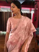 Pink Handpainted Tissue Silk Saree with Beautiful Peacock Embroidered - Image 6