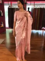Pink Handpainted Tissue Silk Saree with Beautiful Peacock Embroidered - Image 4