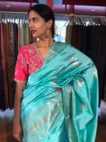 Turquoise Katan Silk Saree with Kadwa Gold Zari Buttis
