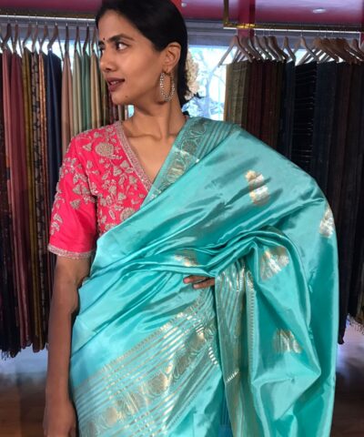 Turquoise Katan Silk Saree with Kadwa Gold Zari Buttis