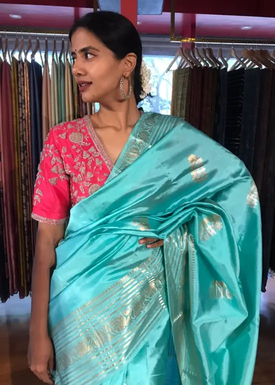 Turquoise Katan Silk Saree with Kadwa Gold Zari Buttis