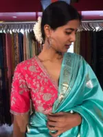 Turquoise Katan Silk Saree with Kadwa Gold Zari Buttis - Image 5