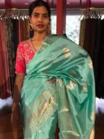Turquoise Katan Silk Saree with Kadwa Gold Zari Buttis - Image 4