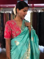 Turquoise Katan Silk Saree with Kadwa Gold Zari Buttis - Image 2