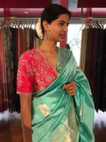 Turquoise Katan Silk Saree with Kadwa Gold Zari Buttis - Image 3