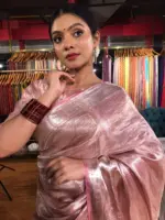 Blush Pink Brocade Tissue Silk Saree - Image 4