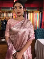 Blush Pink Brocade Tissue Silk Saree - Image 3