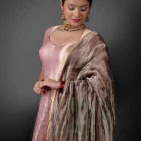 Grey Striped Tissue Silk Dupatta