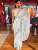 Baby Blue Chiffon Silk Saree Embellished with Mirrors - Image 2
