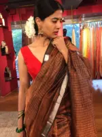 Full view of a model showcasing Brown Mangalagiri Silk Saree with Silver Zari Checks, Suitable for Festivals like Diwali & Dussehraby Mirra Clothing