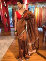 Brown Mangalagiri Silk Saree with Silver Zari Checks - Image 2