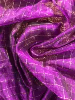Close up view of a model showcasing Purple Mangalagiri Silk Saree Handwoven in Gold Zari Chequered Pattern, Suitable for Festive Celebrations (Diwali, Dussehra, Navratri) By Mirra Clothing