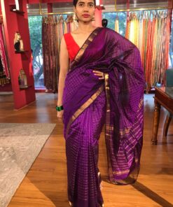 Front view of a model showcasing a Purple Mangalagiri Silk Saree Handwoven in Gold Zari Chequered Pattern, Suitable for Cultural Events & Traditional GatheringsBy Mirra Clothing