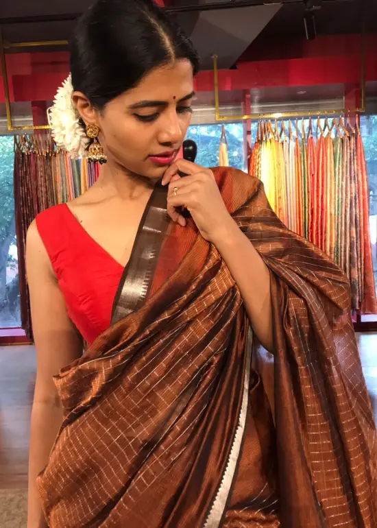 Close up view of a model showcasing Brown Mangalagiri Silk Saree with Silver Zari Checks, Suitable for Weddings & Receptions by Mirra Clothing