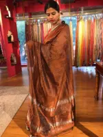 Full view of a model showcasing Brown Mangalagiri Silk Saree with Silver Zari Checks, Suitable for Anniversaries & Milestone Celebrations by Mirra Clothing