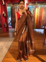 Close up view of a model showcasing Brown Mangalagiri Silk Saree with Silver Zari Checks, Suitable for Formal Cultural Events by Mirra Clothing
