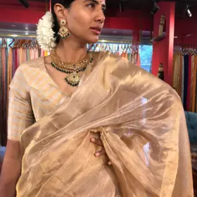 Ivory Tissue Silk Saree with Gold and Silver Zari Weaves