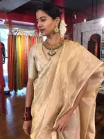 Ivory Tissue Silk Saree with Gold and Silver Zari Weaves - Image 7