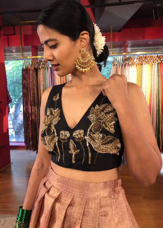 Side view of a model showcasing Black Hand Embroidered Silk Blouse, Embroidered Traditional Blouse By Mirra Clothing