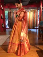Orangish Red Banarasi Silk Half Saree ( Set of 3) - Image 5