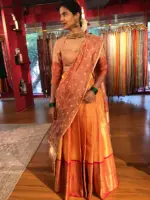 Orangish Red Banarasi Silk Half Saree ( Set of 3) - Image 2