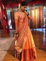 Orangish Red Banarasi Silk Half Saree ( Set of 3) - Image 4