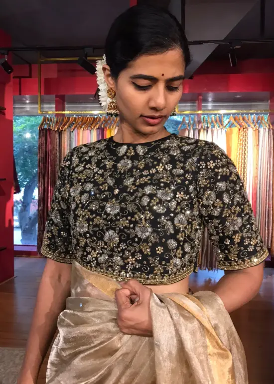 Black Hand Embroidered Silk Blouse